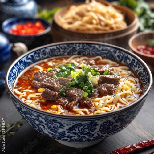 Delicious Beef Noodle Soup in a Decorative Bowl with Green Onions and Chili Oil, served with red pepper and noodles on a wooden table.