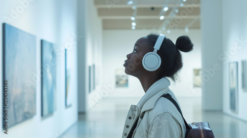 Museum visitor listening to audio guide, thoughtful expression, admiring contemporary art pieces
