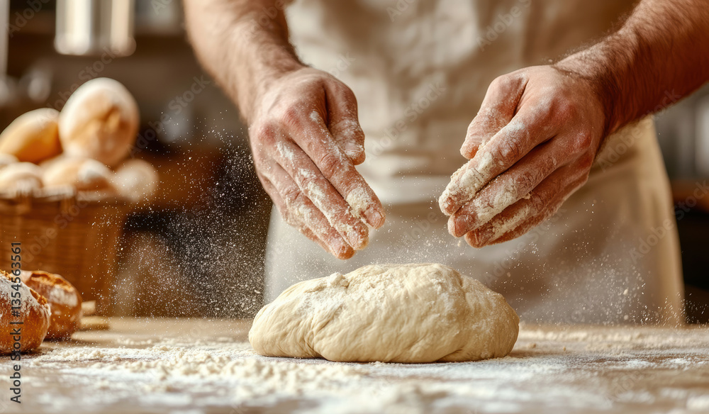 Artisan baker kneading fresh dough in a cozy bakery setting Artisan baker kneading fresh dough in a cozy bakery setting