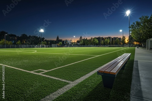 Soccer Field at Twilight with Stadium Lights and Empty Bench Seat at Sports Park