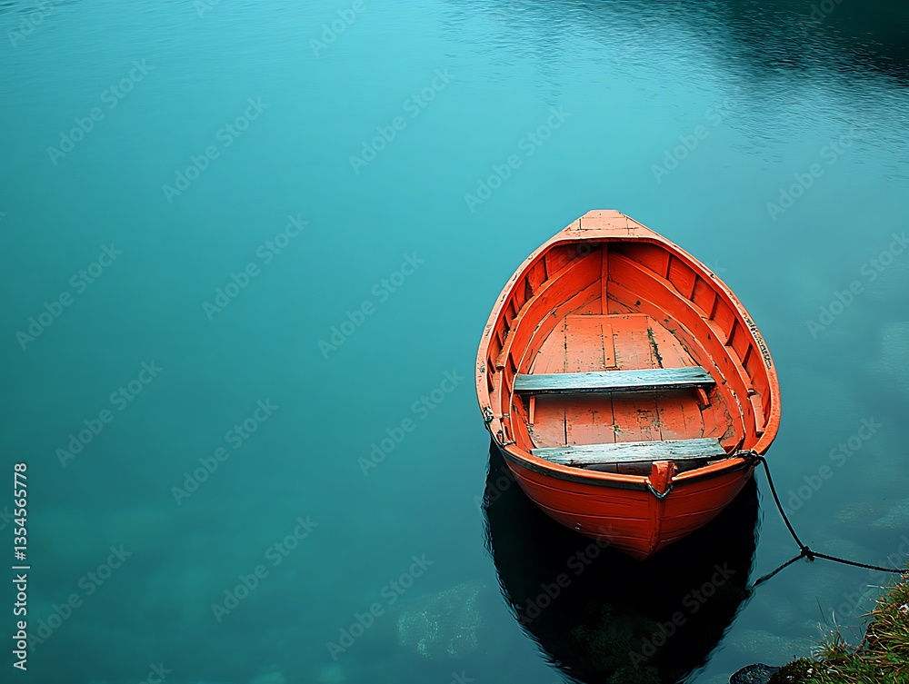 Obraz premium Serene Wooden Boat Floating on Calm Blue Ocean Water
