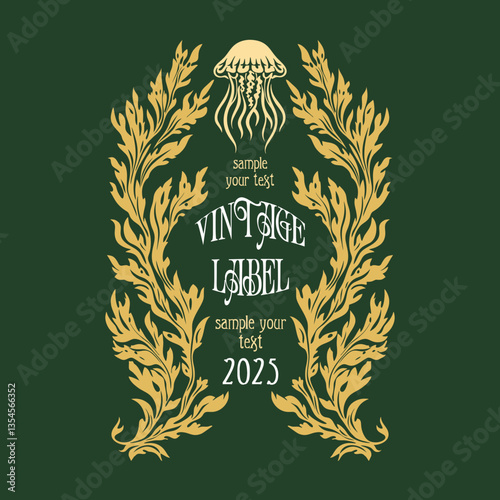 vector vintage items: label art nouveau, seaweed frame, wedding invitation, jellysfish
