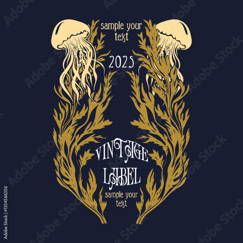 vector vintage items: label art nouveau, seaweed frame, wedding invitation, jellysfish
