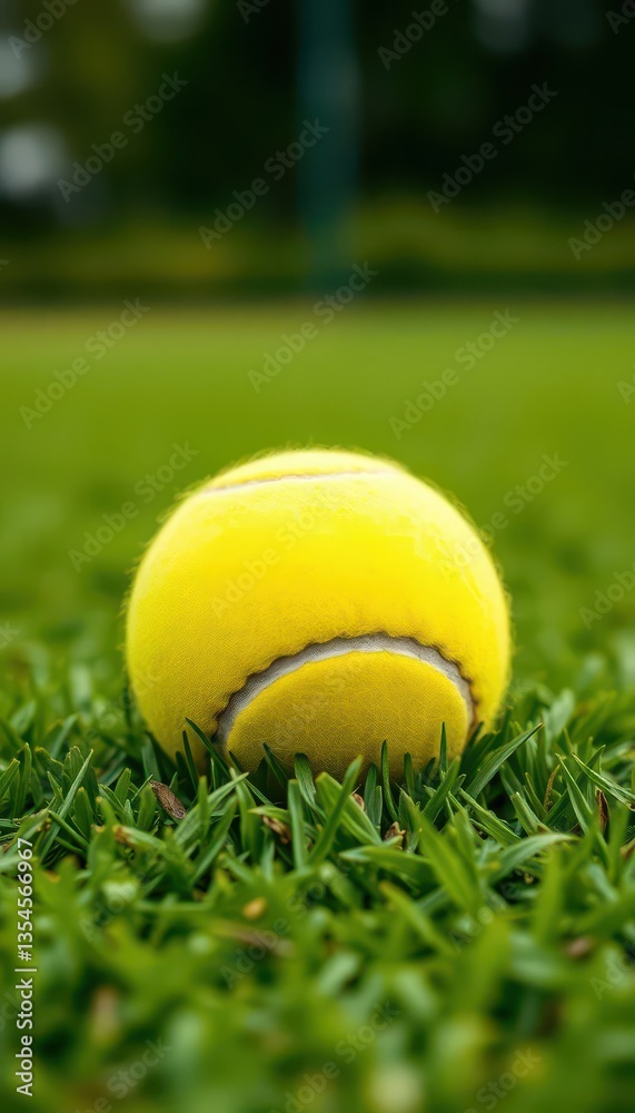 Naklejka premium Blurred yellow tennis ball resting on green grass court, background, game play, summer