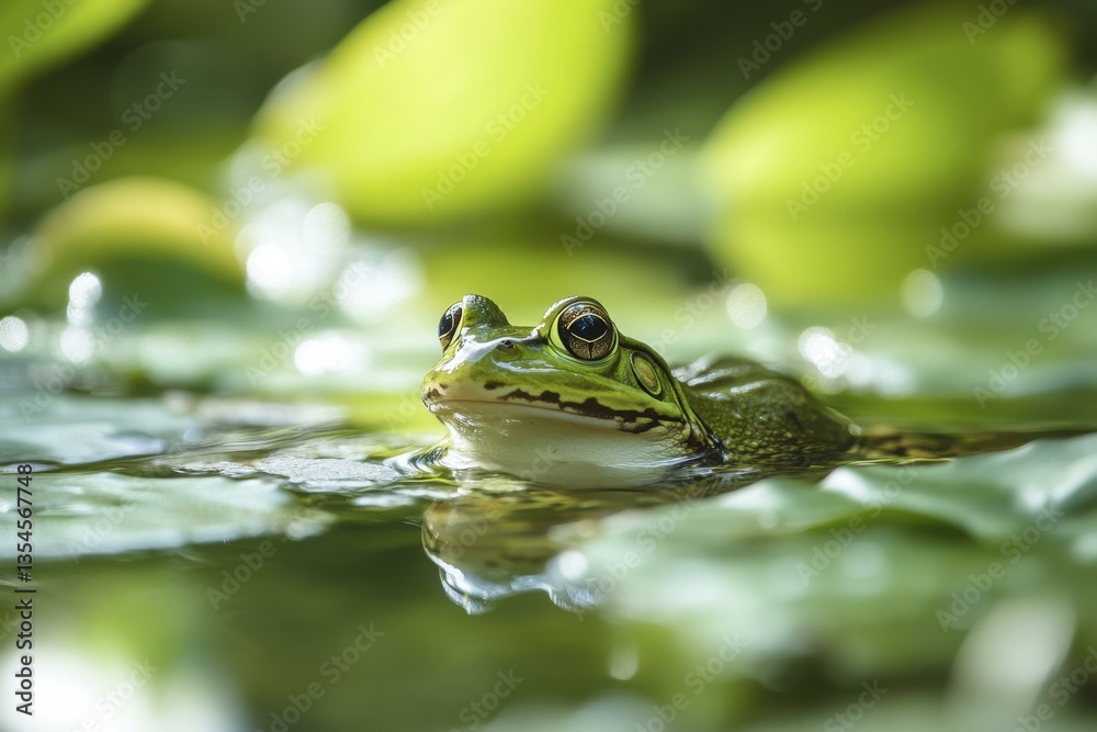 Green Frog Emerging from Water on Lily Pads, Close-up in a Pond Green Frog Emerging from Water on Lily Pads, Close-up in a Pond