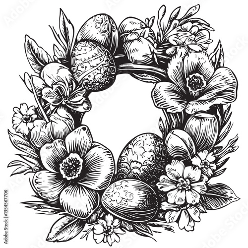 EPS illustration of a springtime wreath featuring Easter motifs