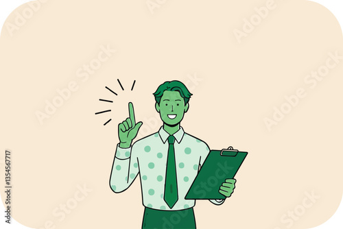 Man with Idea, Pointing Up, Holding Clipboard, Solution Spark