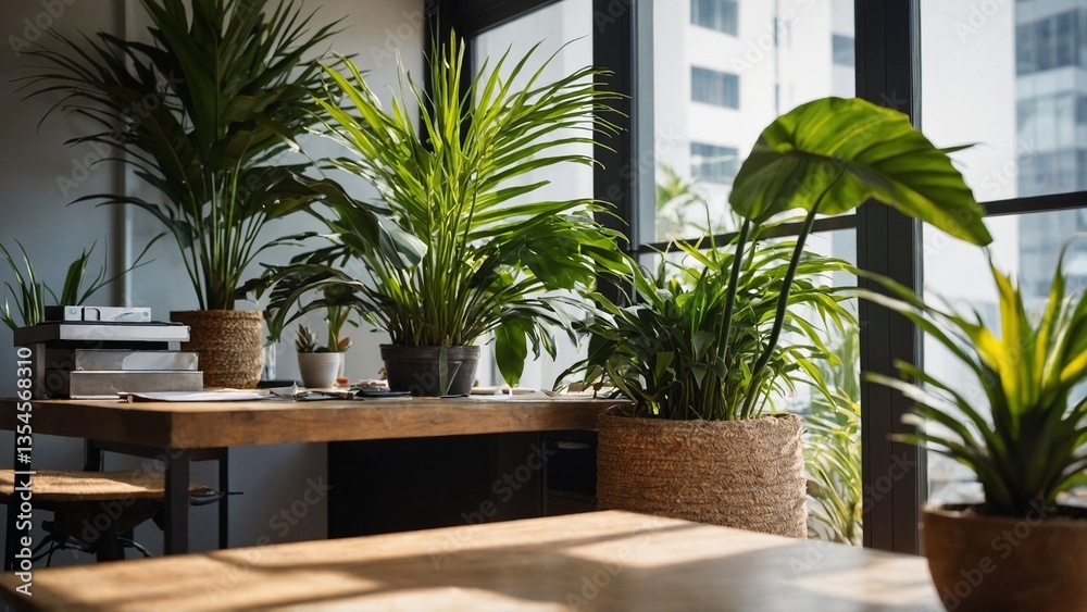 Fototapeta premium Indoor plants creating a serene atmosphere in a modern workspace 