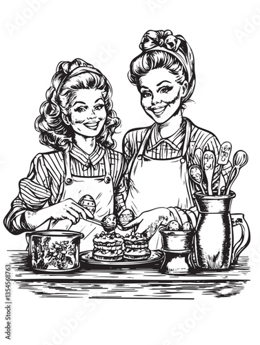 Detailed artwork capturing a family moment of cooking Easter delicacies