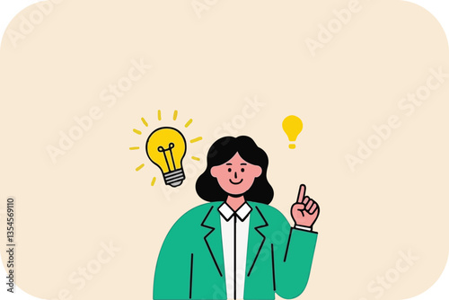 Woman with Bright Ideas, Light Bulbs, Pointing Upward, Inspiration Spark