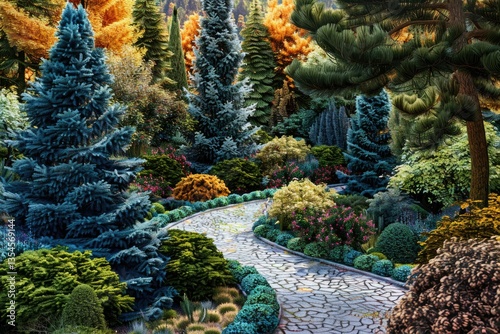 Beautiful Coniferous Garden with Blue Spruces, Fir Trees, Thujas and Junipers Colourful Background