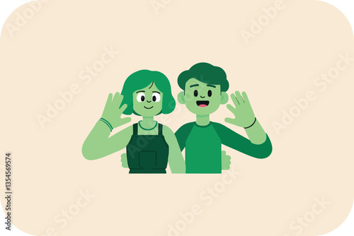 Friendly Couple Waving Hello, Green-Themed Greeting in Harmony