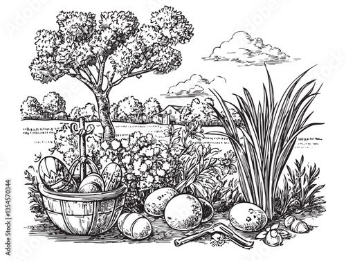 Colorful illustration featuring bunnies, eggs, and flowers in a springtime setting