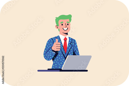 Confident Businessman Gives Thumbs Up at Laptop, Success in Sight