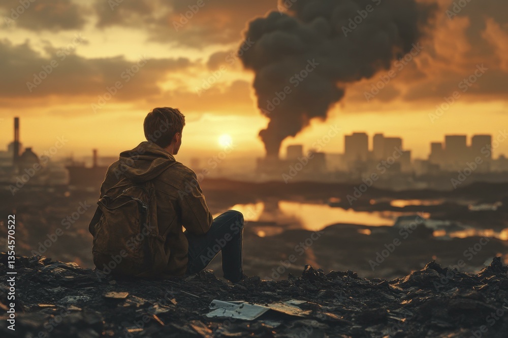 Man Sits on Wasteland Hilltop, Watching Pollution Rise Over City at Sunset Man Sits on Wasteland Hilltop, Watching Pollution Rise Over City at Sunset