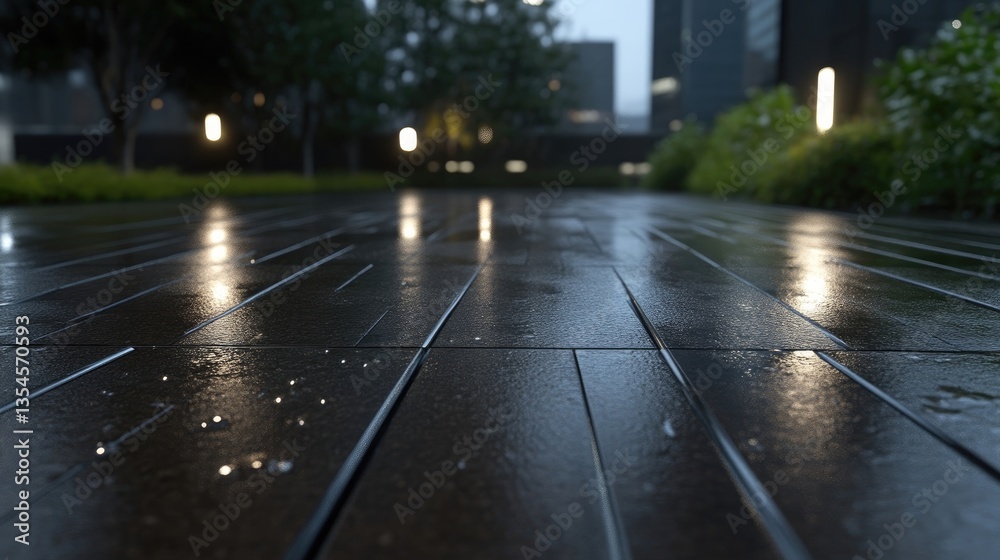 Wet urban walkway at night.  Cityscape, rain, and reflections on dark pavement. Lush greenery and illuminated path