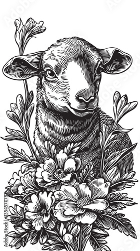 Cute scene featuring a lamb frolicking in spring flowers