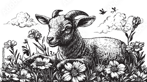 Artwork featuring a lamb resting amid blooming spring flowers (EPS)