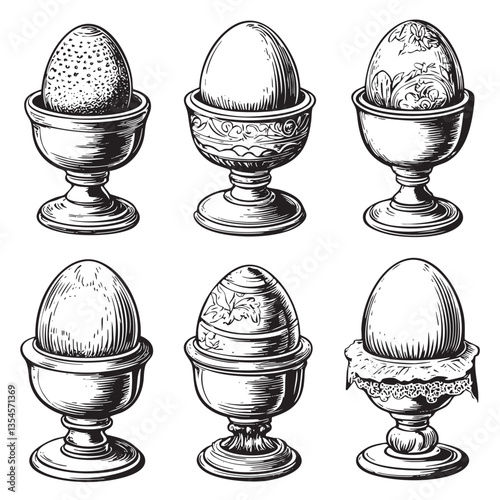 Vintage egg cups with intricately decorated eggs (EPS)
