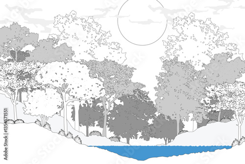 Cad tree line minimal style, set of graphics trees elements outline symbol for architecture and landscape design drawing. Vector illustration.