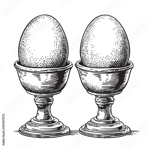 Retro illustration of decorative eggs served in vintage-style cups
