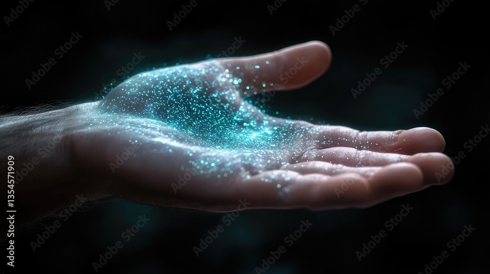 Fototapeta premium Ethereal Glow of Sparkling Particles in Open Hand Capturing the Magic of Light and Motion Against a Dark Background for Artistic Composition and Imaginative Concept