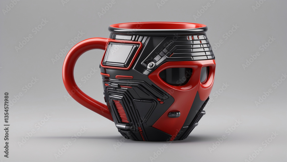 Fototapeta premium A stylized mug, shaped like a futuristic helmet, features a bold red and black color scheme