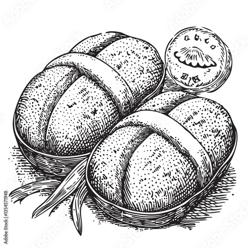 Engraved depiction of traditional bun pastries linked to Easter celebrations