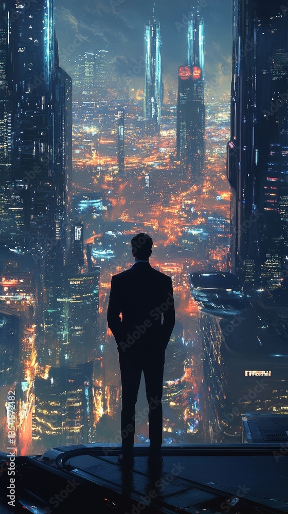 Fototapeta premium High-Tech Urban Skyline with Silhouetted Figure. AI Generation