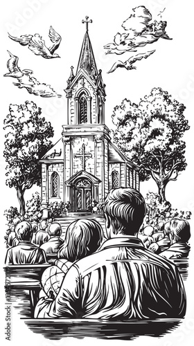 Retro scene of worshipers attending an old-fashioned Easter service