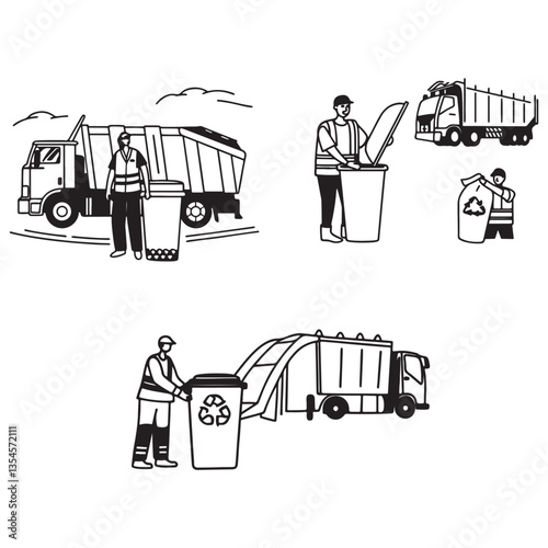 Trash utility, disposal and recycling concept set Vector illustration. Waste collector worker, recycling trash bin and garbage truck collection.
