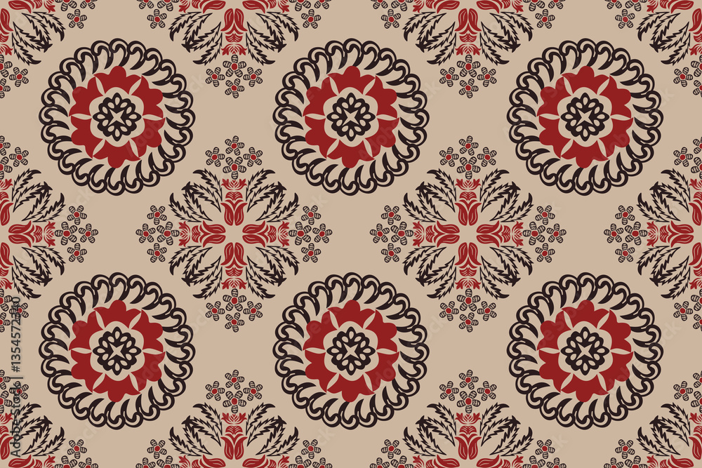 Abstract line shape flowers geometric motif basic pattern continuous background. Oriental style damask floral tile modern lux fabric design textile swatch ladies dress, man shirt all over print block.