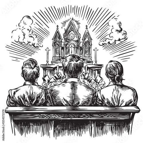 Engraved depiction showcasing believers at a solemn Easter mass