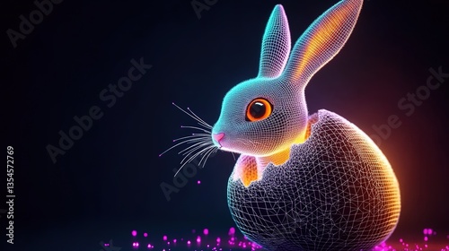 3D Glowing Rabbit Emerging from Fractured Easter Egg with Wireframe Texture and Orange Neon Eyes on Dark Background. Ultra-Realistic Digital Art for Easter Social Media Campaigns, Festive Brand Promot