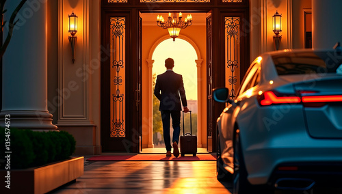 A traveler with a suitcase gets out of his car at the entrance to a grand hotel and looks at the impressive architecture