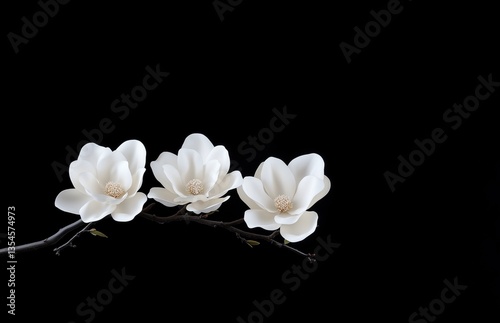 White Magnolia Flowers on Black Background in Minimalist Style