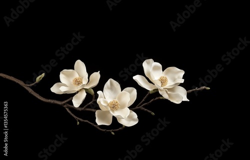 White Magnolia Flowers on Black Background in Minimalist Style