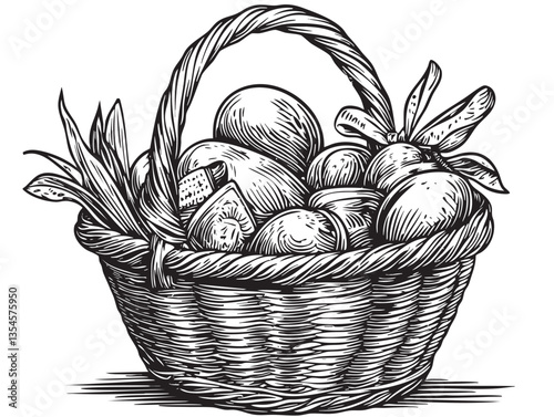 Cheerful design featuring a basket of Easter candies and pastel eggs