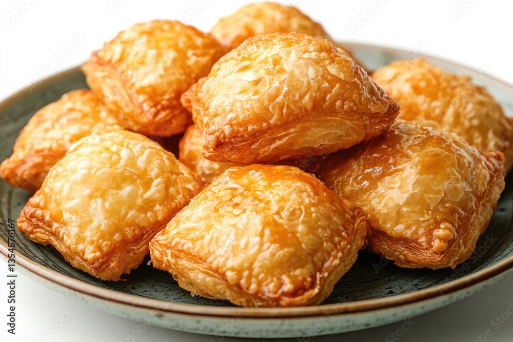 Golden puff pastry bites on ceramic plate with crispy texture Golden puff pastry bites on ceramic plate with crispy texture