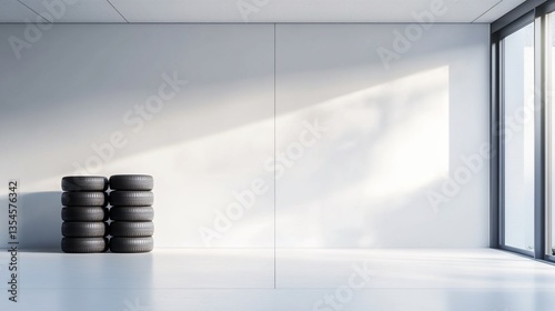 Stack of Car Tires in a Modern White Room with Sunlight Reflection