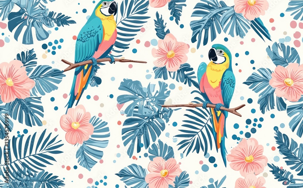 Fototapeta premium Vibrant tropical pattern with colorful macaws and exotic flowers in a lush green environment perfect for summer designs and nature themes