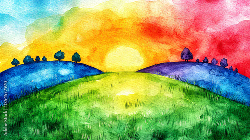 Vibrant Sunset Landscape Painting: Colorful Hills, Trees, and Sky