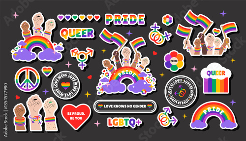 LGBT sticker set with LGBTQ rainbow elements, queer slogans, phrases and quotes. for Pride Month celebration. Vector illustration