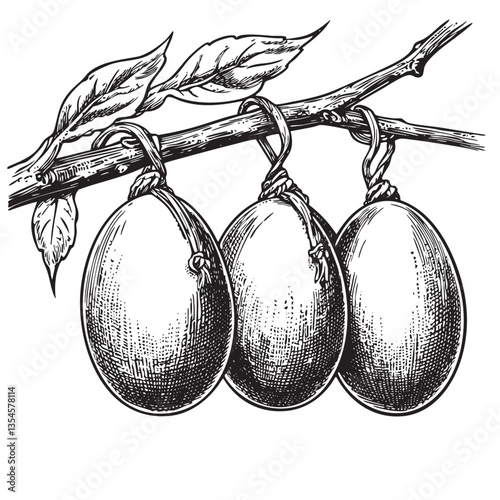 Detailed illustration of eggs suspended on flowering branches