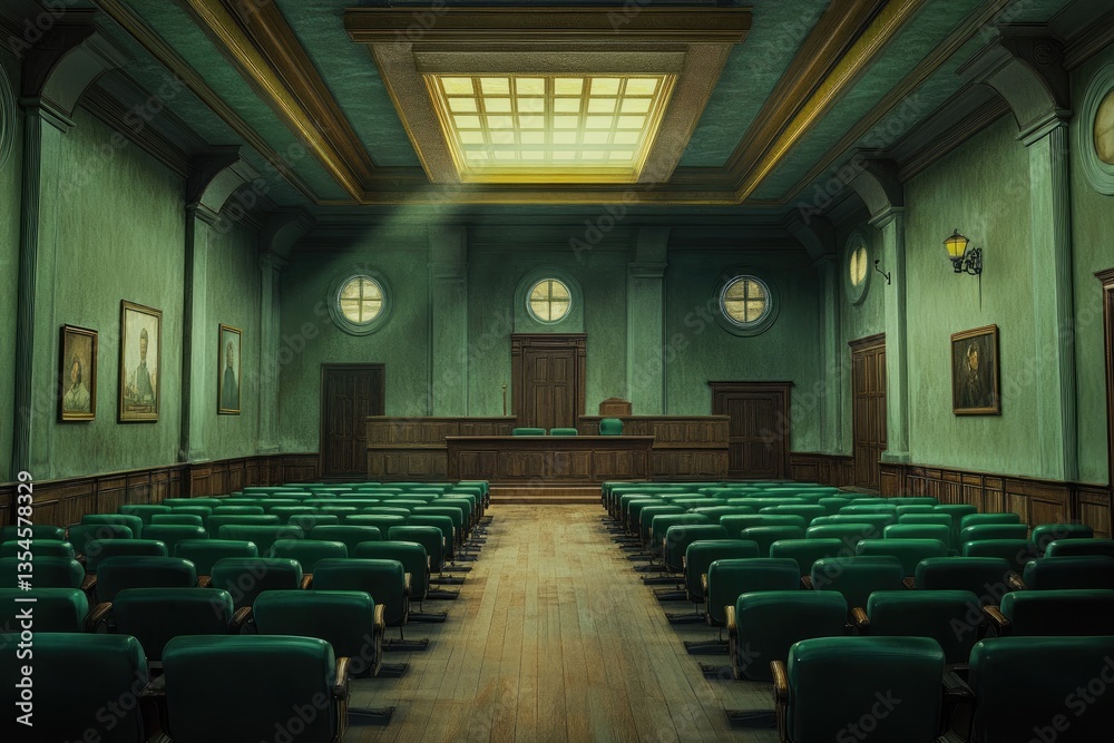 An empty courtroom with rows of wooden benches and green leather chairs, symbolizing the concept of justice in society. An empty courtroom with rows of wooden benches and green leather chairs, symbolizing the concept of justice in society.