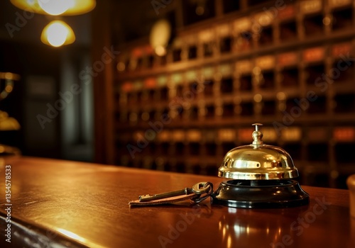 Vintage hotel reception desk with bell and key in warm lighting