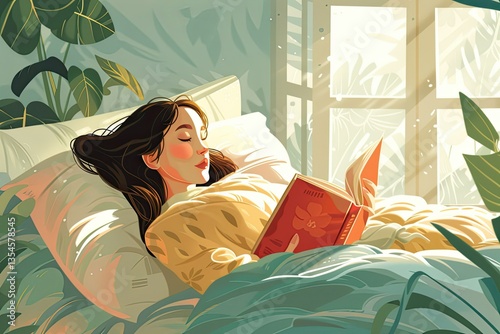Ultra Hd Image of Lady Relaxing in Cozy Bed with Her Favorite Book