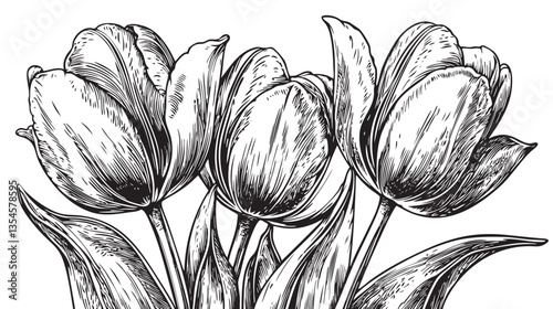 Floral engraving depicting blooming tulips for a spring-inspired design