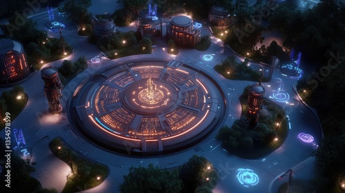 Wallpaper Mural Futuristic Urban Landscape Featuring Advanced Technology and Neon Lights in a Night Scene with Circular Hub Surrounded by Lush Greenery and Modern Architecture Torontodigital.ca