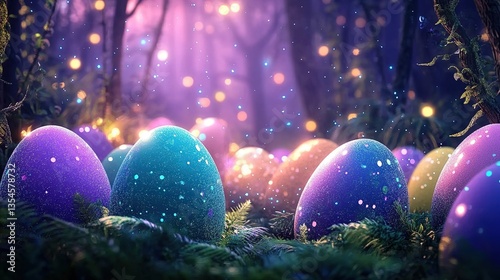 Enchanted Easter Egg Forest with Glowing Multicolor Eggs and Shimmering Particles in Dark Fantasy Underbrush. Magical Video Game Background Concept for Fantasy RPG Environments, Holiday Themed Wallpap